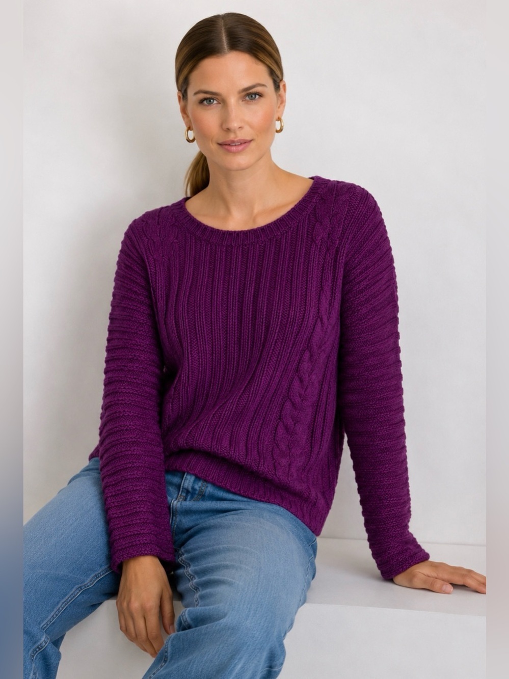 YAS Wool Cotton Blend Chunky Sweater Size 38 US M Purple Cable Knit Quiet Luxury